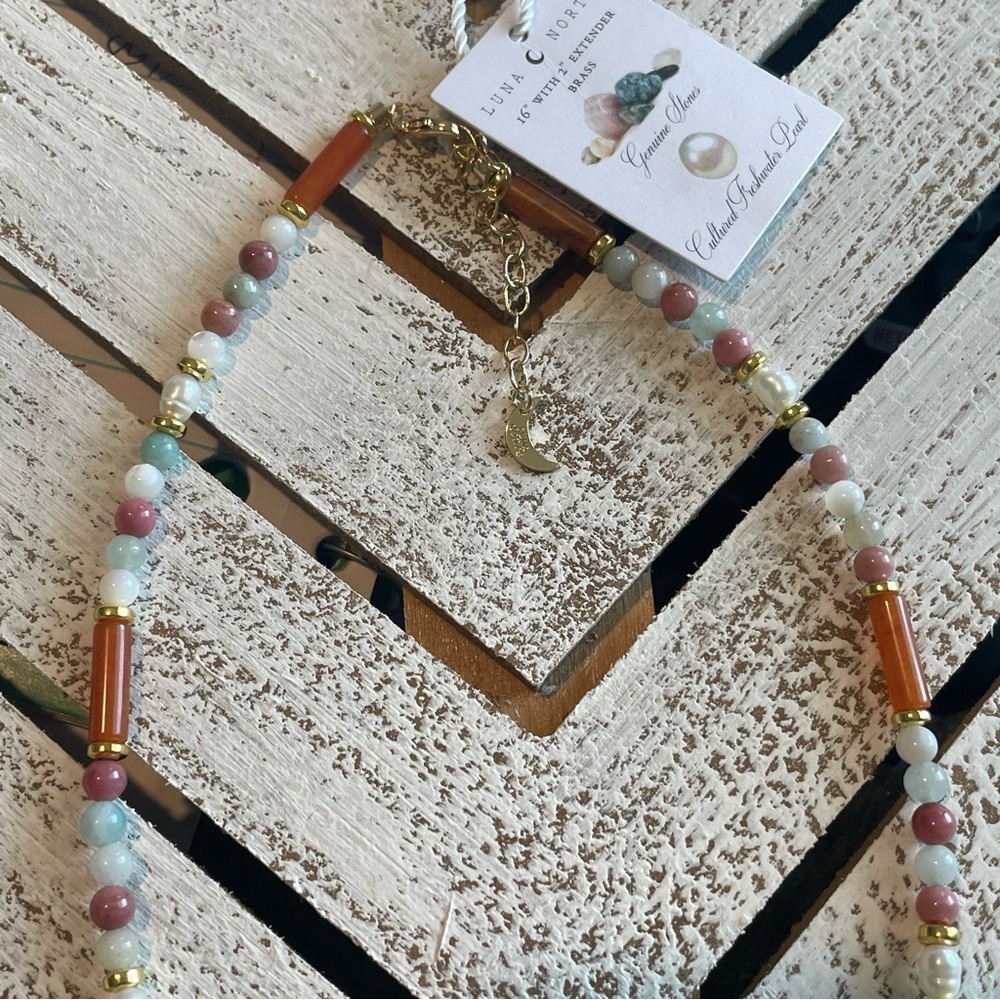 NEW Luna Norte Gold Multi Stone Bead Necklace Genuine Stones Fresh Water Pearls - Picture 3 of 5